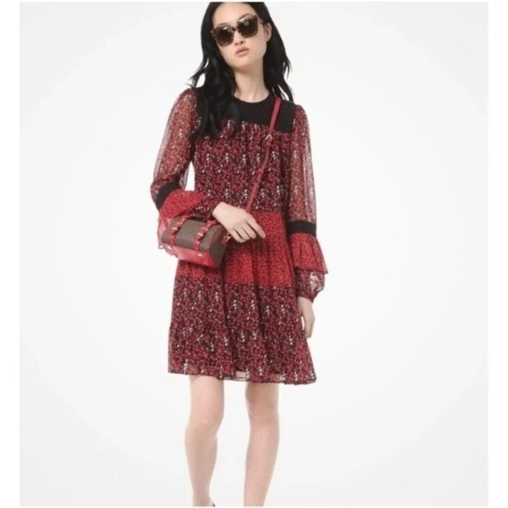Michael Kors Women Scarlet Black Floral Metallic Tiered Mini Dress MF98ZFKDSA M